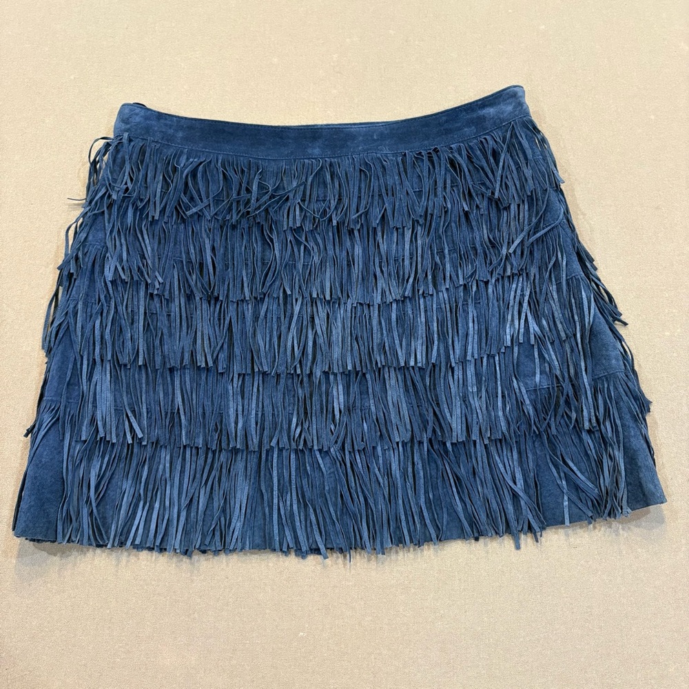 Michael Kors Leather Fringe Boho Mini Skirt Blue Size 2